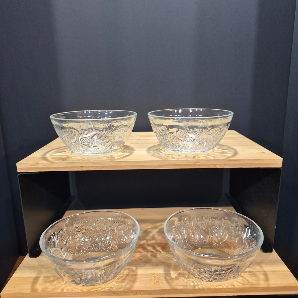 Vintage 70s Glass KIG Indonesia Small Dessert Bowls with Fruit Pattern Set of 4